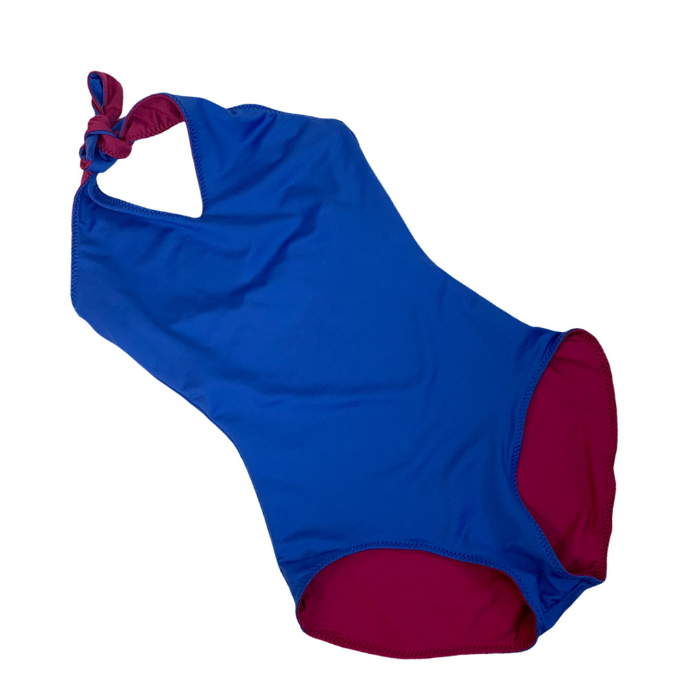Blue Magenta Pink Reversible Swimsuit Halter One Piece Tie Back V Neck S Small